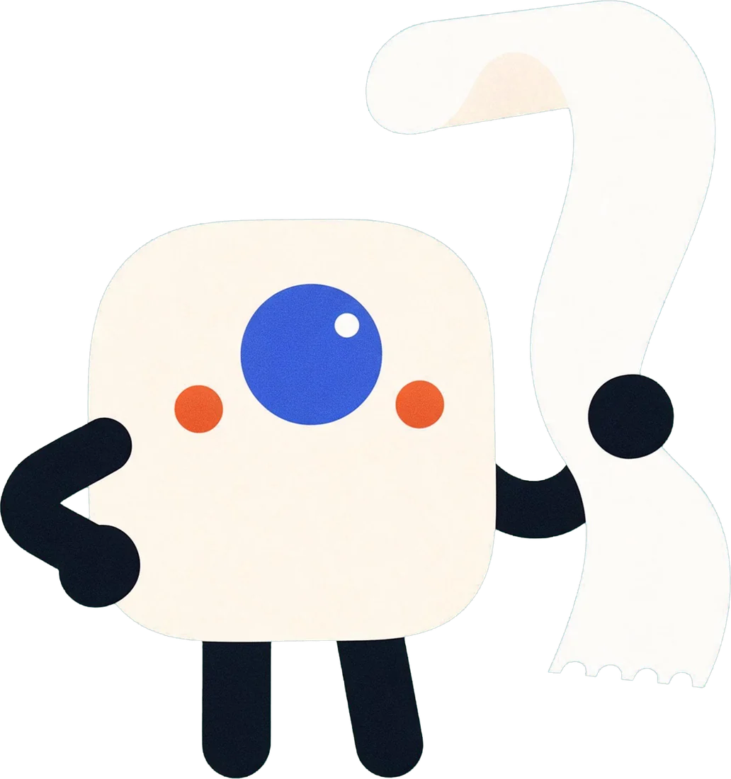 Nado, a cream squircle character with one big blue eye, holding up a long paper receipt.
